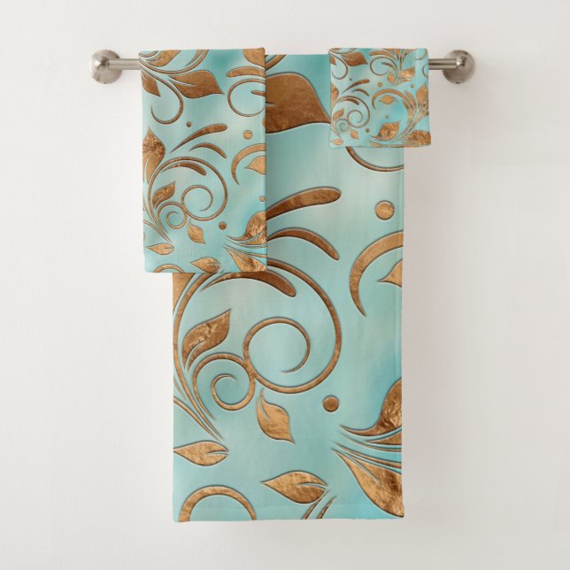 Golden Swirl Branches on light Teal Bath Towel Set (Insitu)