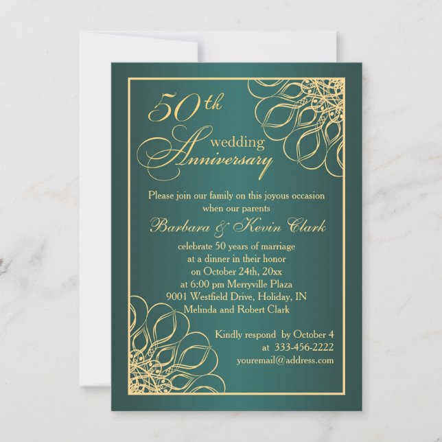 Golden swirls 50th Wedding Anniversary Invitation (Front)