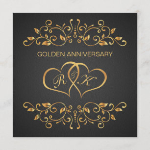 Golden swirls, joined hearts 50th Anniversary Invitation