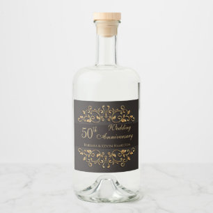 Golden swirls on black 50th Wedding Anniversary Liquor Bottle Label