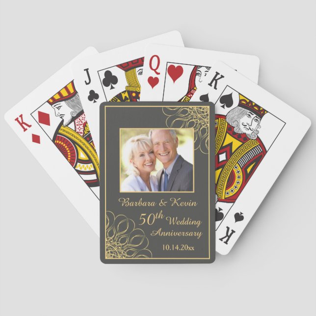 Golden swirls on grey 50th Wedding Anniversary Playing Cards (Back)