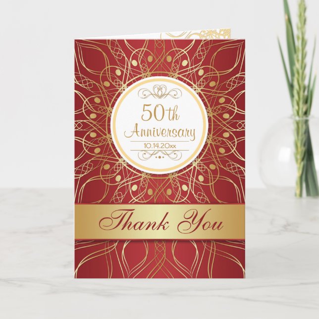 Golden swirls on red 50th Anniversary Thank You (Front)