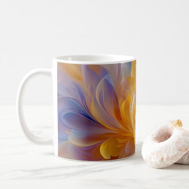 Golden Symphony of Blooming Abstract Petals Coffee Mug (With Donut)