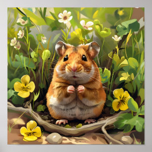 Golden Syrian Hamster In A Flower Field Poster
