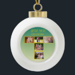 Golden T-Photo Collage on Sage Gradient Ceramic Ball Christmas Ornament<br><div class="desc">A striking T-shaped photo collage framed in a sleek gold outline, set against a calming green, sage, and gold gradient background. The balanced layout highlights cherished images with a refined touch, blending modern design with timeless elegance. Perfect for commemorative displays, wall art, or keepsake gifts, this design brings warmth and...</div>