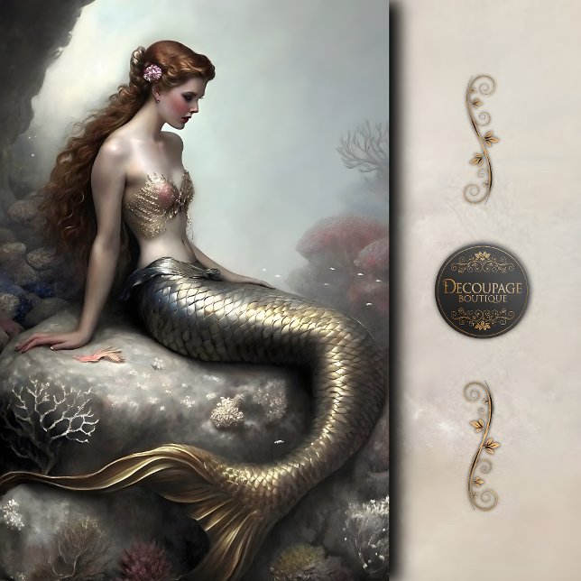 Golden Tailed Mermaid Fantasy Decoupage Tissue Paper (Golden Tailed Mermaid Fantasy Decoupage Tissue Paper)