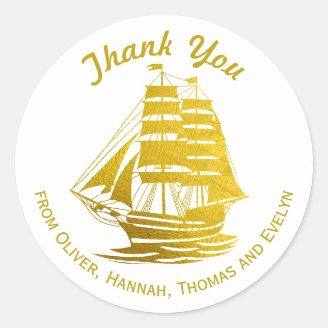 Golden Tall Ship Sailing Boat Sailboat Thank You Classic Round Sticker (Front)