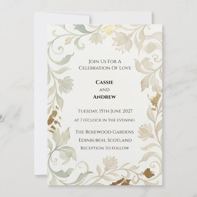 Golden Tan Botanical Wreath Wedding Invite (Front)