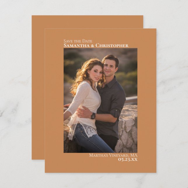 Golden Tan Vertical Photo Minimalist Wedding Save The Date (Front/Back)