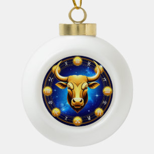 Golden Taurus Bull In Cosmic Zodiac Circle Ceramic Ball Christmas Ornament