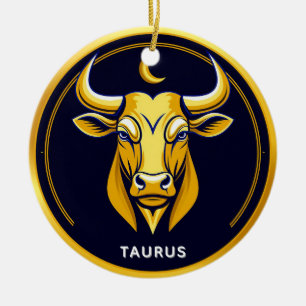 Golden Taurus Bull In Cosmic Zodiac Circle Ceramic Tree Decoration