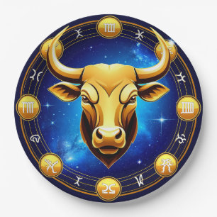 Golden Taurus Bull In Cosmic Zodiac Circle Paper Plate