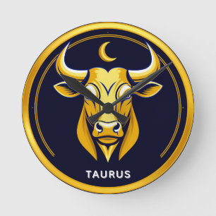 Golden Taurus Bull In Cosmic Zodiac Circle Round Clock