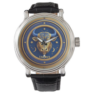 Golden Taurus Bull In Cosmic Zodiac Circle Watch