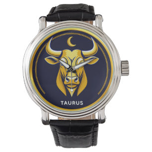 Golden Taurus Bull In Cosmic Zodiac Circle Watch