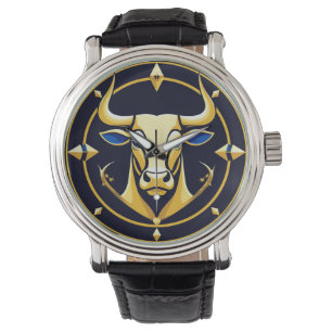 Golden Taurus Bull In Cosmic Zodiac Circle Watch