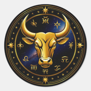 Golden Taurus Bull Within a Circular Zodiac Wheel Classic Round Sticker