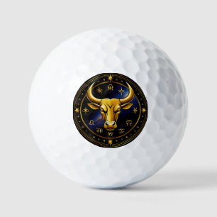 Golden Taurus Bull Within a Circular Zodiac Wheel Golf Balls
