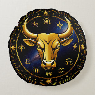Golden Taurus Bull Within a Circular Zodiac Wheel Round Cushion