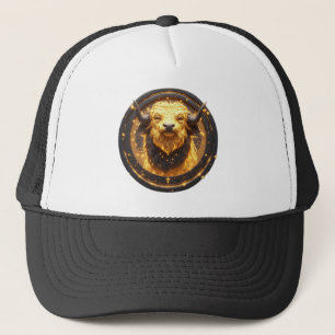 Golden Taurus Bull Within a Circular Zodiac Wheel Trucker Hat