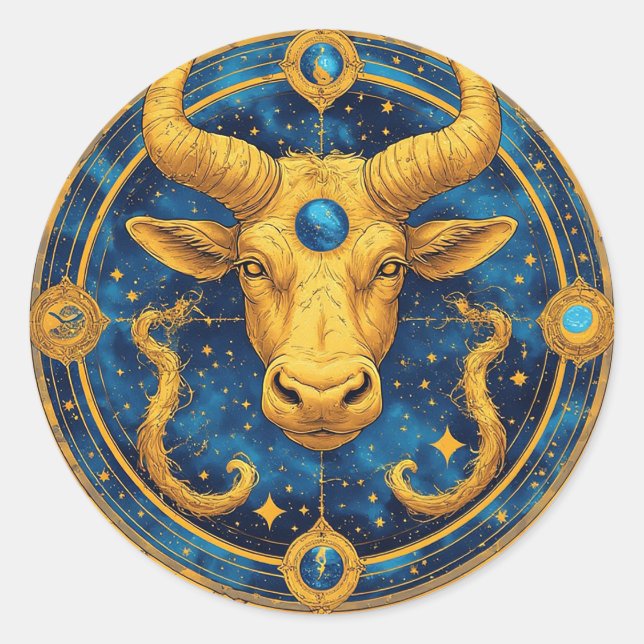 Golden Taurus Symbol On Blue Circle Classic Round Sticker (Front)