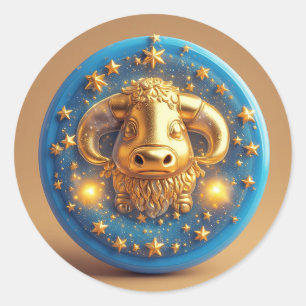 Golden Taurus Symbol On Blue Circle Classic Round Sticker