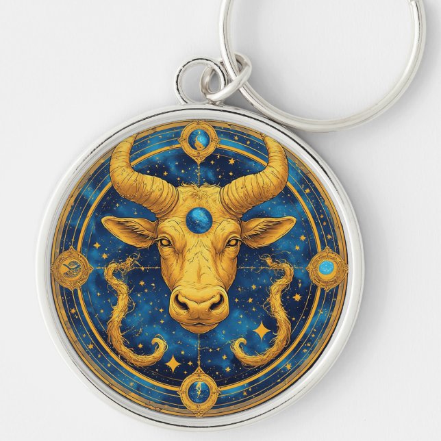 Golden Taurus Symbol On Blue Circle Key Ring (Front)