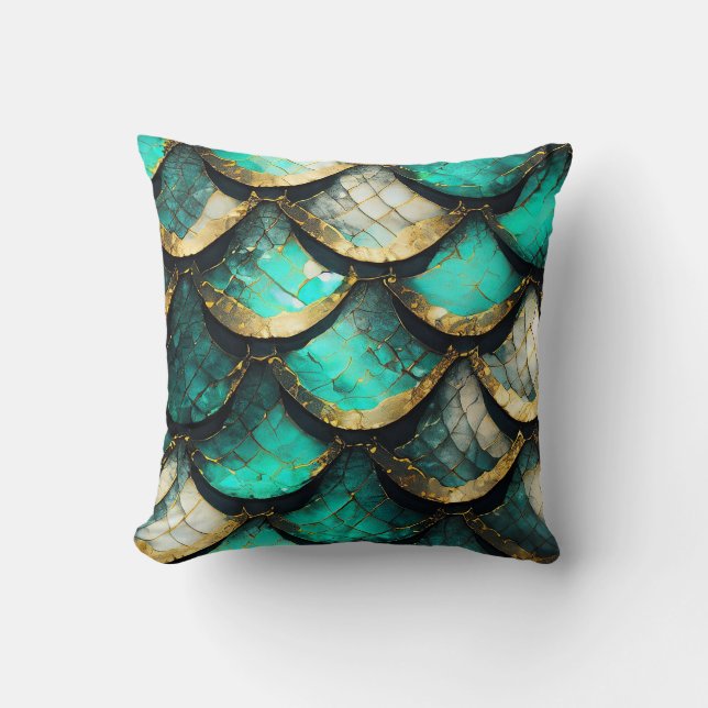 "Golden Teal Opulence: Mermaid Tail Pattern" Cushion (Front)
