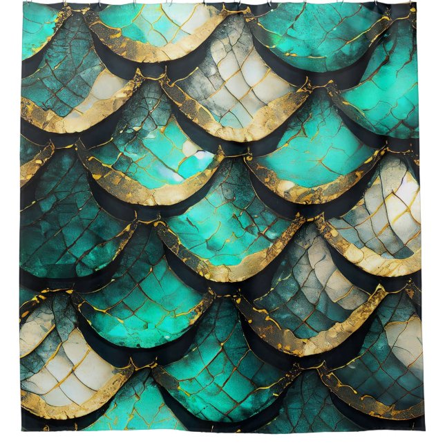 "Golden Teal Opulence: Mermaid Tail Pattern" Shower Curtain (Front)