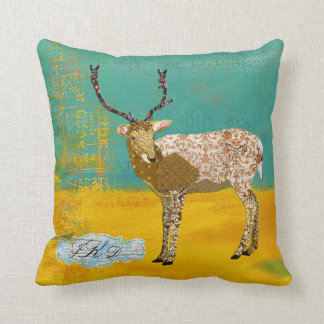 Golden Teal Ornate Deer Monogram Mojo Pillow