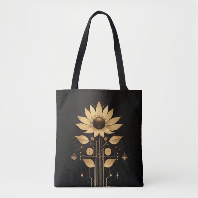 Golden Tech Bloom – Solarpunk Art Tote (Front)