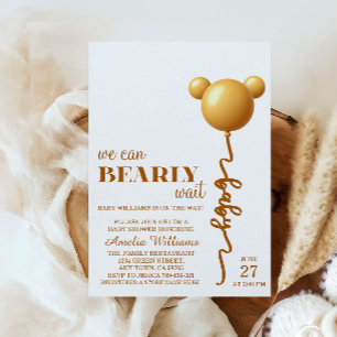 Golden Teddy Balloon Minimalist Bearly Wait Baby Invitation