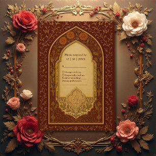 golden terracotta Arabian Floral Arch Wedding RSVP Card