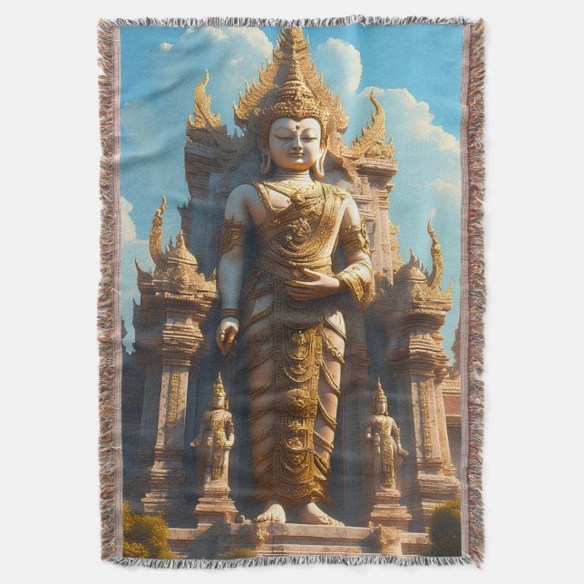 Golden Thai Temple Guardian Throw Blanket (Front Vertical)