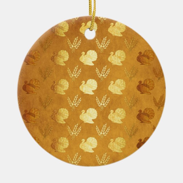 Golden Thanksgiving with Turkey Ceramic Tree Decoration (Front)