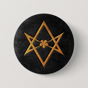 Golden Thelemic Unicursal Hexagram Black Leather 6 Cm Round Badge