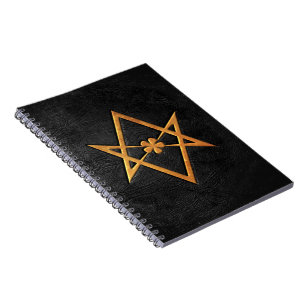 Golden Thelemic Unicursal Hexagram Black Leather Spiral Notebook