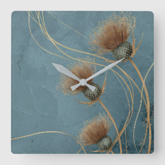 Golden Thistle Teal Blue Texture Elegance Square Wall Clock