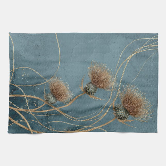 Golden Thistle Teal Blue Texture Elegance Tea Towel (Horizontal)