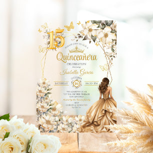 Golden Tiara Floral Beige Butterflies Quinceañera Acrylic Invitations
