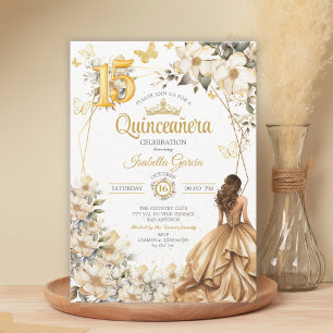 Golden Tiara Floral Beige Butterflies Quinceañera Invitation