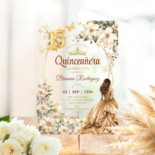 Golden Tiara Floral Beige Quinceañera  Acrylic Invitations
