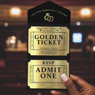 Golden Ticket Black & Gold Wedding All In One Invitation