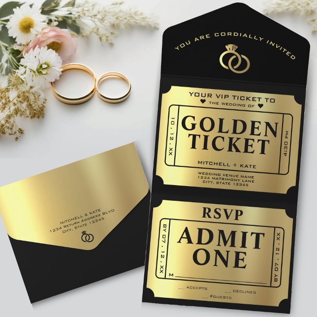 Golden Ticket Black & Gold Wedding All In One Invitation (Golden Ticket Black & Gold Wedding All In One Invitation
)
