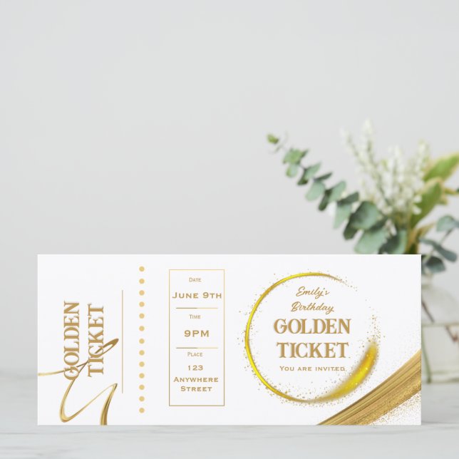 Golden Ticket White and Gold Invitation Flat Card (Standing Front)