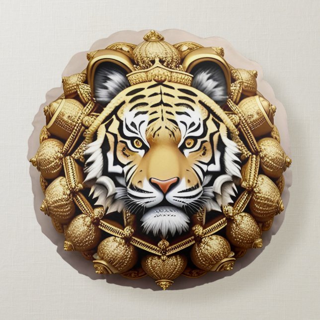 Golden Tiger Crest Emblem Round Cushion (Front)