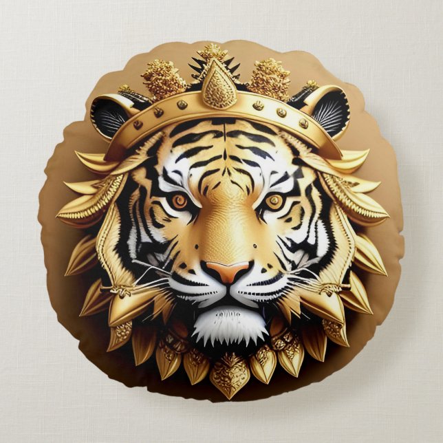 Golden Tiger Crest Emblem Round Cushion (Front)