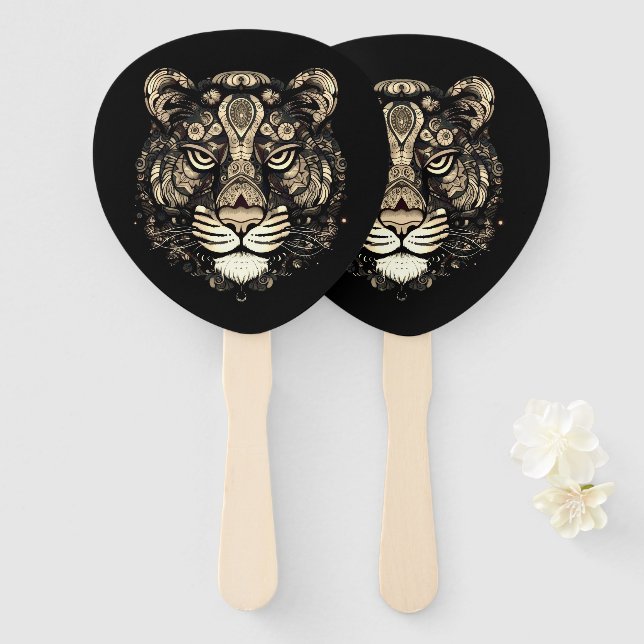 Golden Tiger Head  Hand Fan (Front and Back)