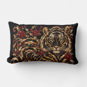 Golden Tiger & Red Roses Floral Art Lumbar Cushion