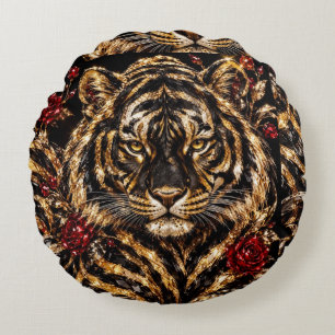 Golden Tiger & Red Roses Floral Art Round Cushion